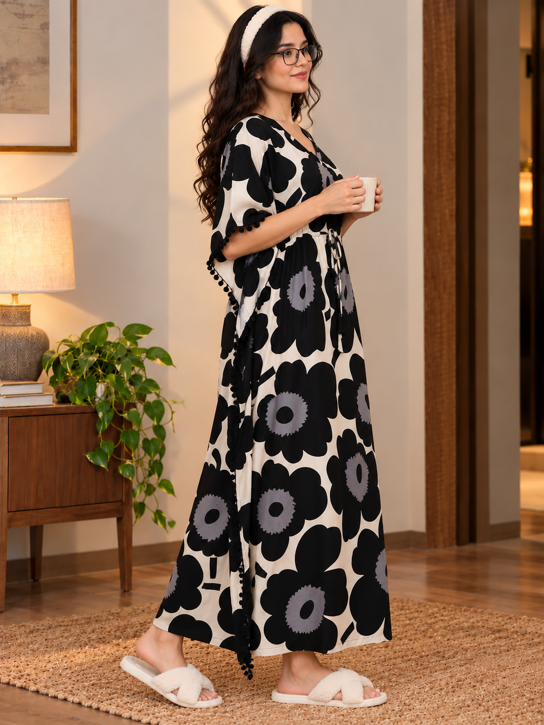Black Viscose Floral Kaftan Dress | Claura