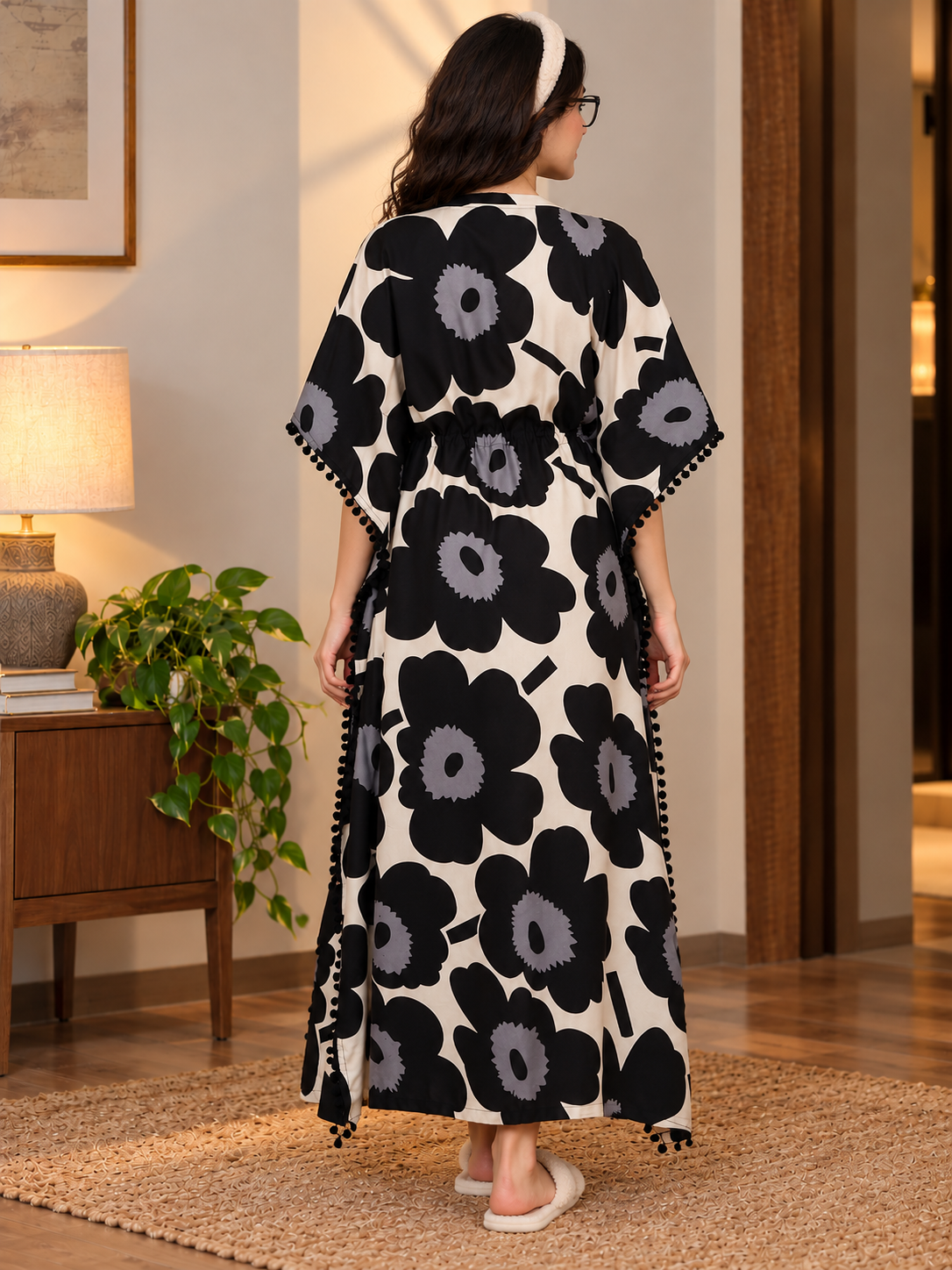 Black Viscose Floral Kaftan Dress | Claura
