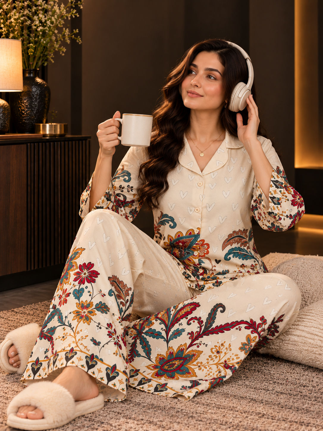 White Botanical Print Shirt Collar Night Suit For Women | Claura