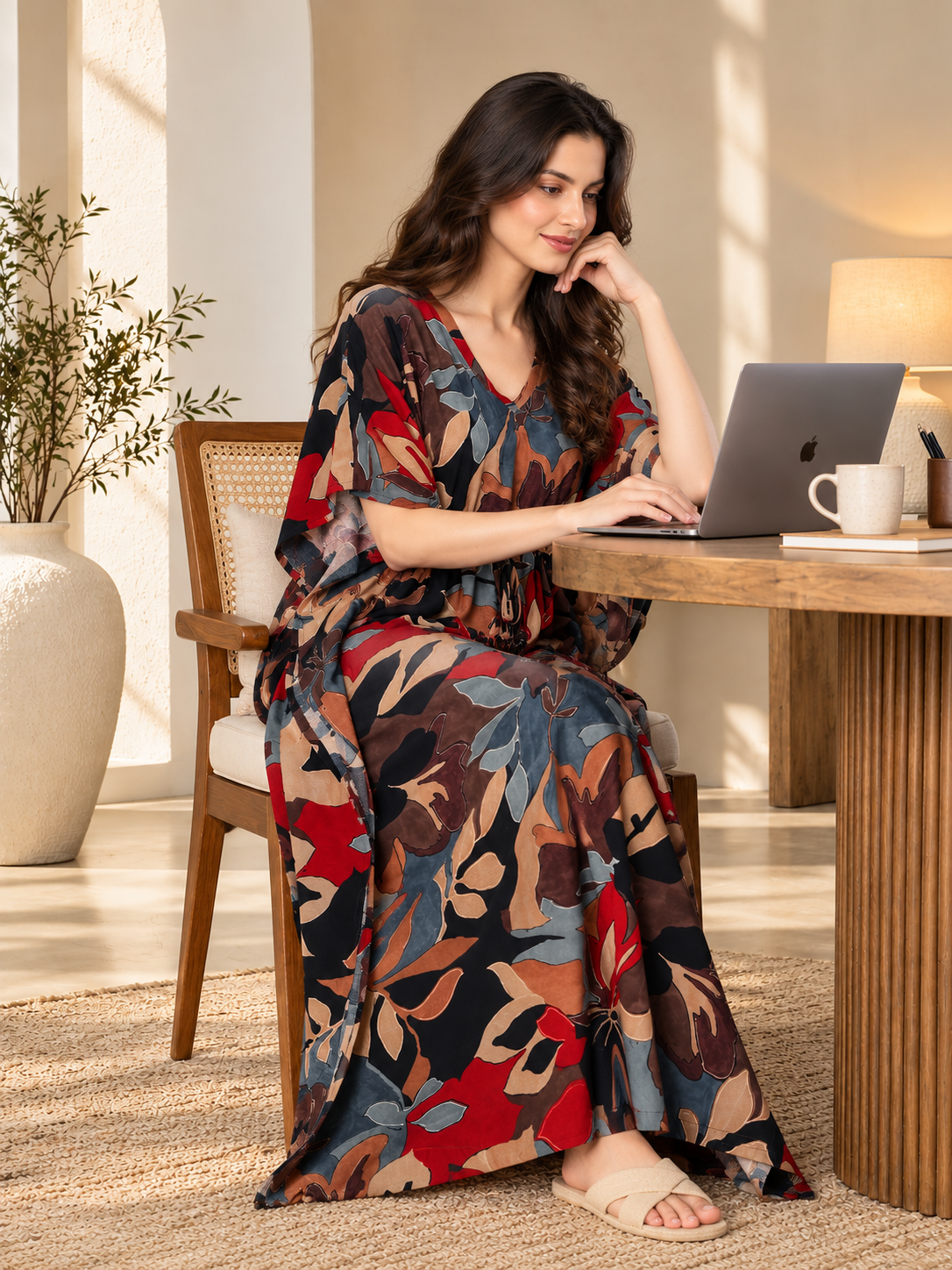 Black Color Abstract Printed Viscose Rayon Kaftan | Claura