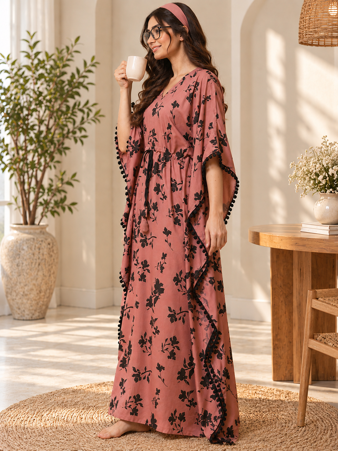 Rust Floral Rayon Kaftan Dress for Women | Claura
