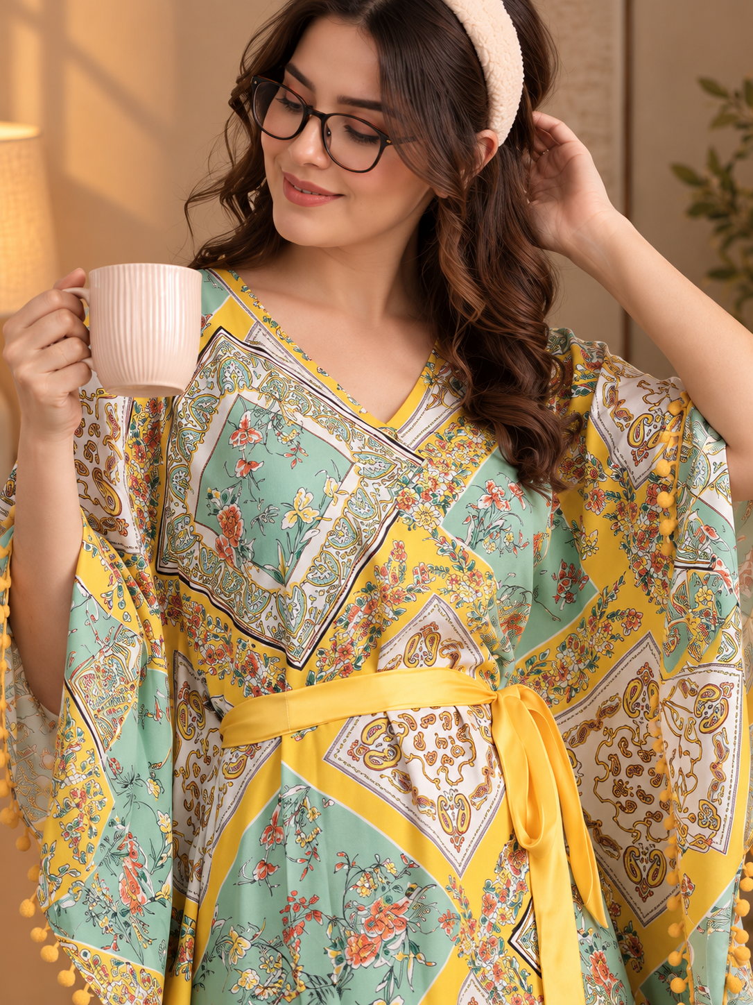 Yellow Floral Rayon Kaftan Dress for Women | Claura