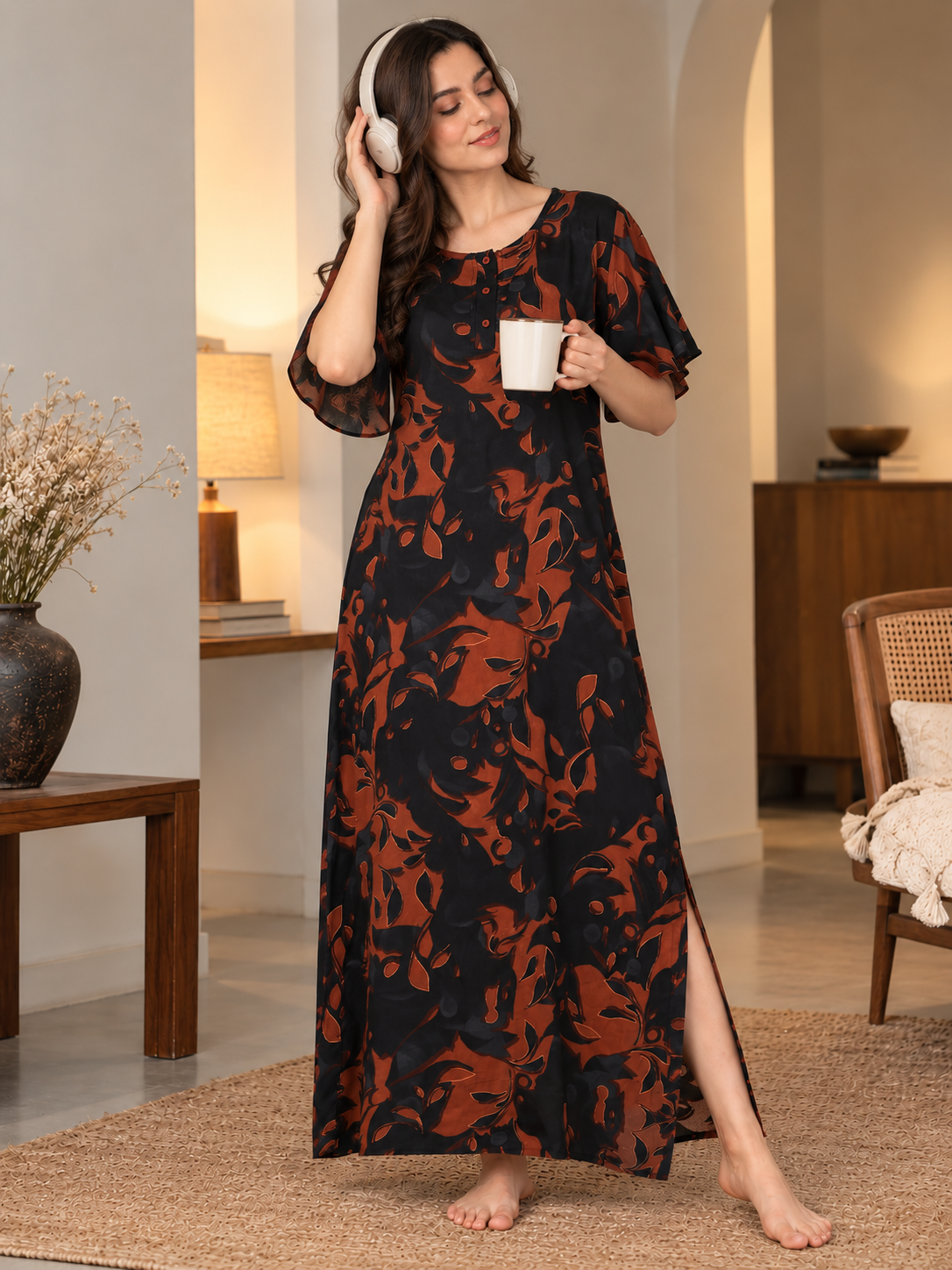 Brown Floral Print Short Sleeve Maxi Nightdress | Claura