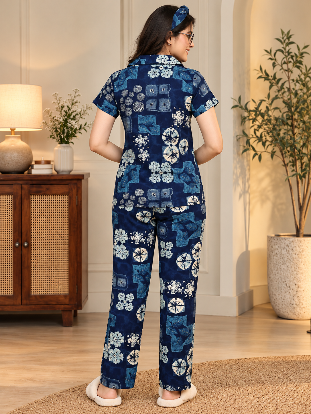 Navy Blue Abstract Printed Rayon Night Suit for Women | Claura