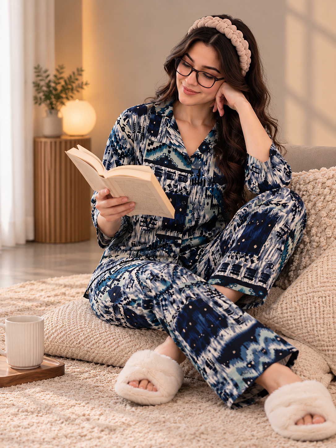 Blue Abstract Viscose Rayon Night Suit for Women | Claura