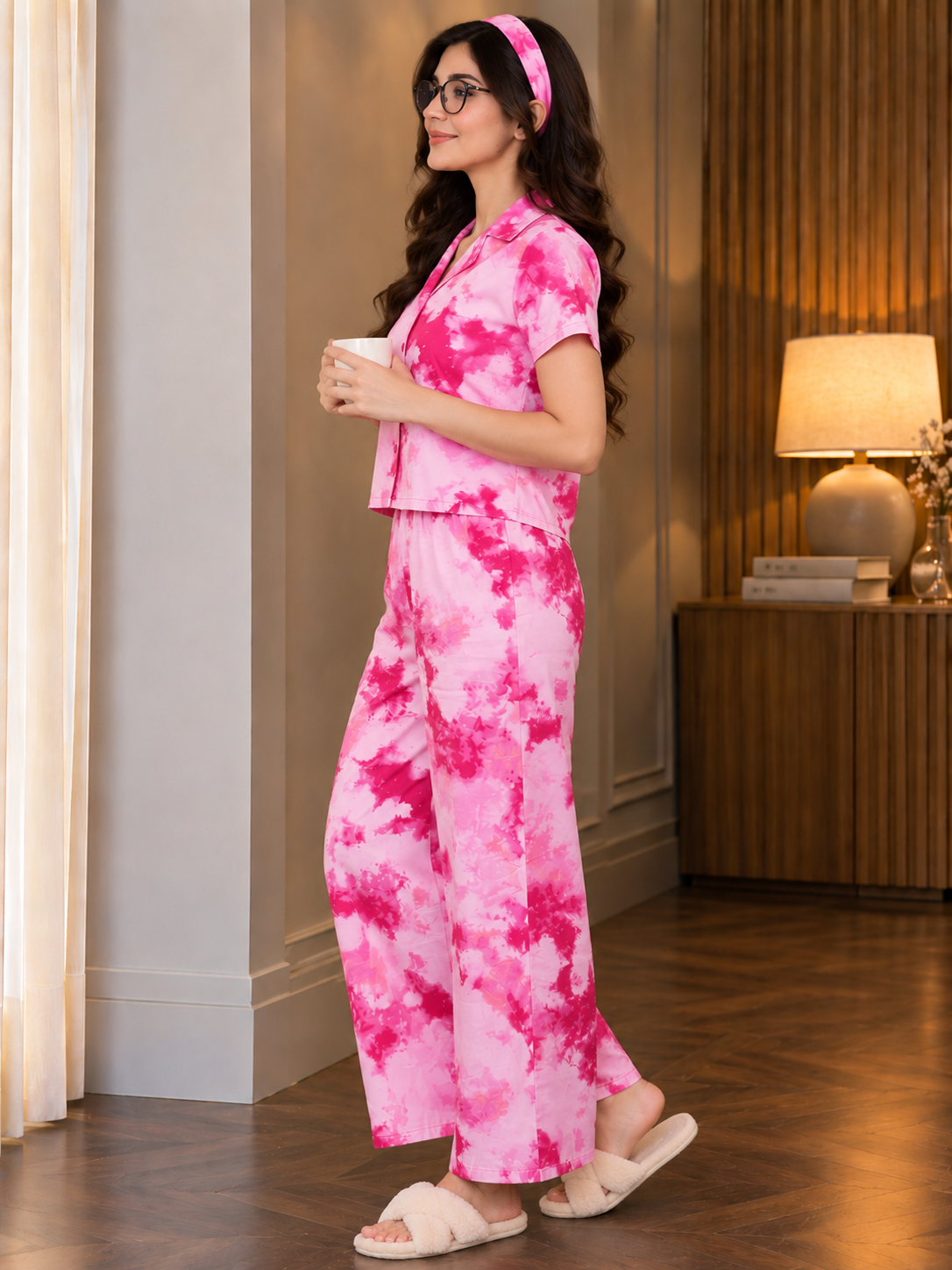 Pink Tie and Dye Viscose Rayon Crop Top Night Suit for Women | Claura