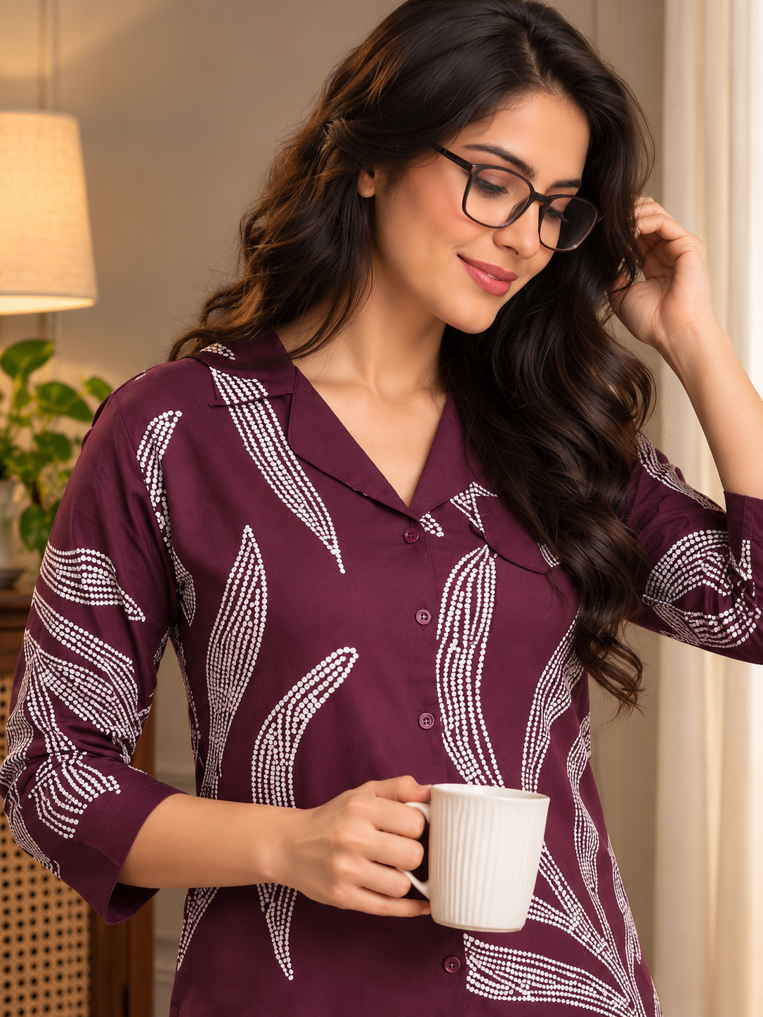 Purple Floral Viscose Rayon Night Suit for Women | Claura