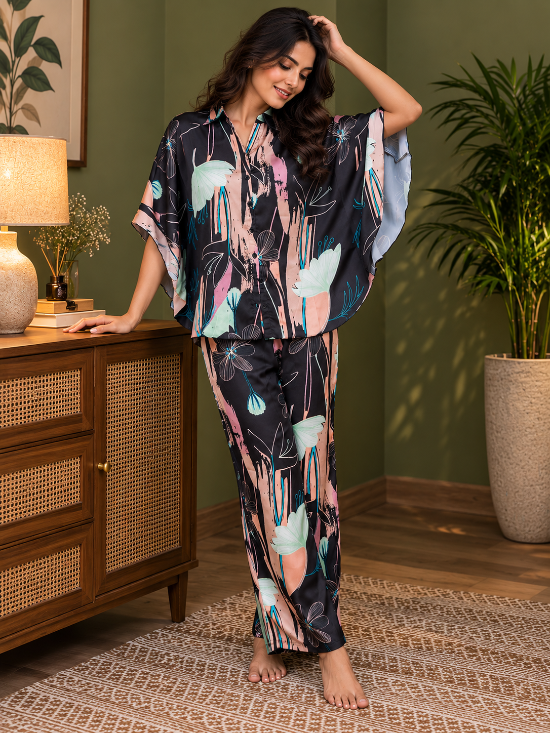 Black Abstract Satin Night Suit for Women – 3/4 Sleeve | Claura