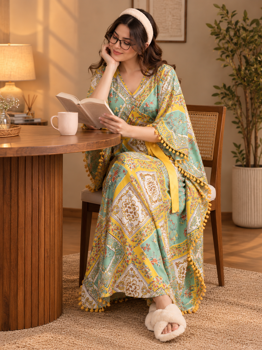 Yellow Floral Rayon Kaftan Dress for Women | Claura
