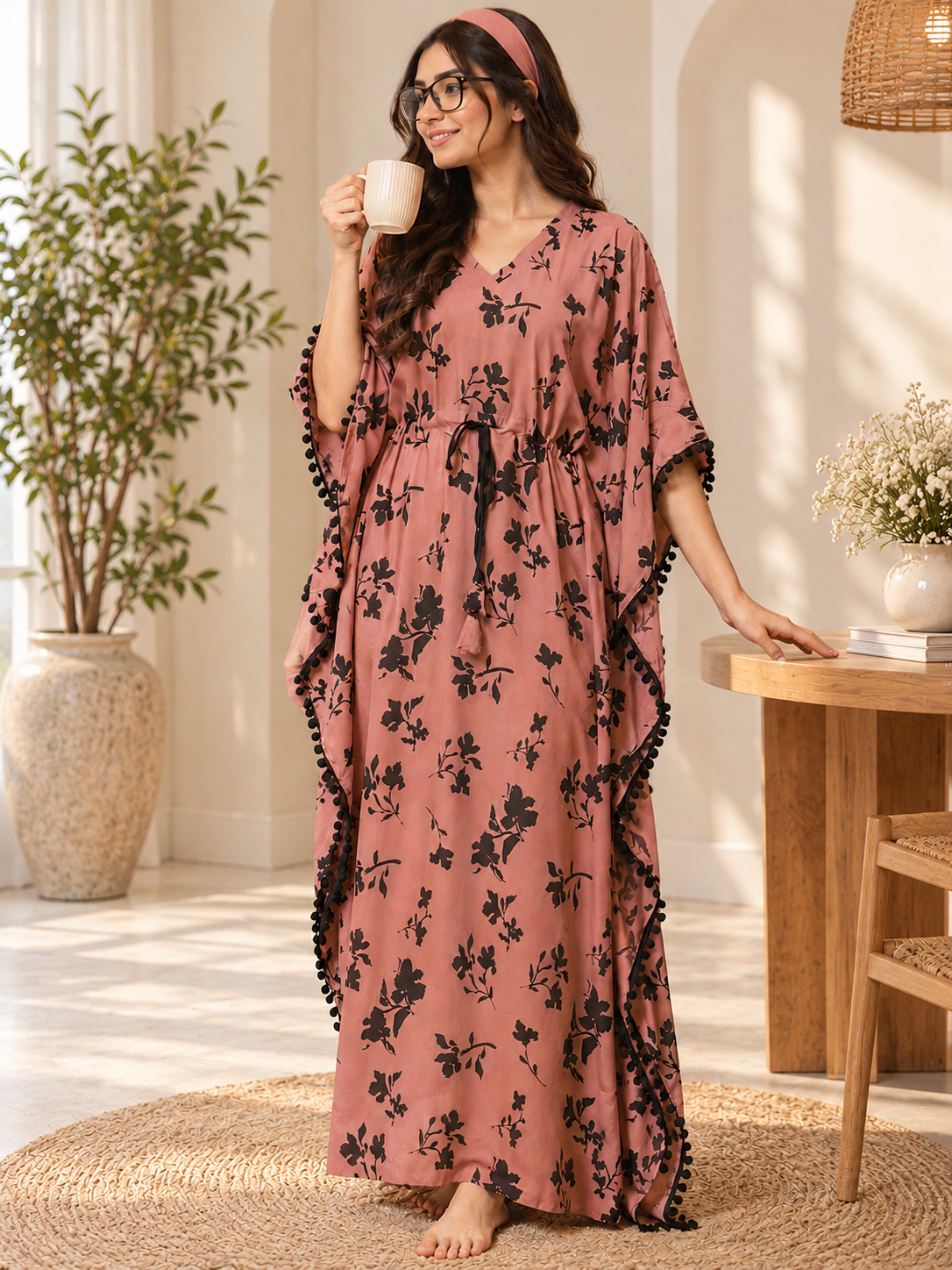 Rust Floral Rayon Kaftan Dress for Women | Claura