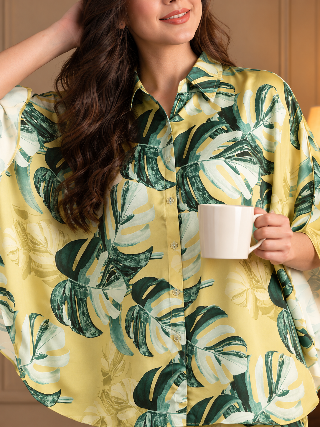 Yellow Floral Satin Night Suit for Women | Claura