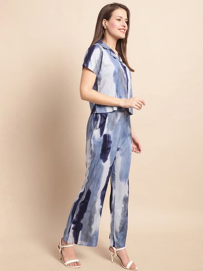 Blue & White Tie & Dye Viscose Rayon Co-ord set Claura Designs Pvt. Ltd. Cord set Co-ord Set, Ethnic, Floral, Rayon, White