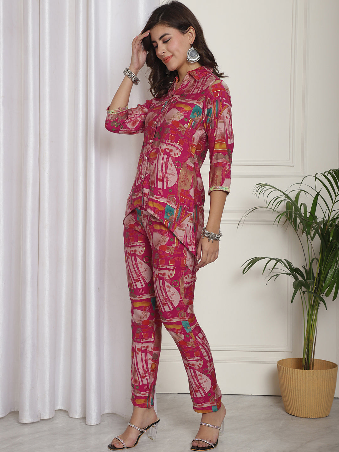 Pink Abstract Printed Premium Chanderi Tunic With Trousers Co-ord set