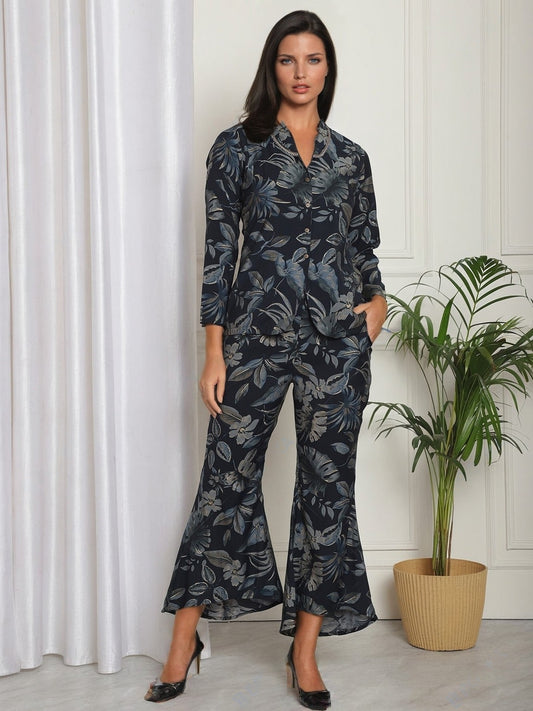 Navy Floral Printed Premium Chanderi Shirt With Palazzo Co-ord set