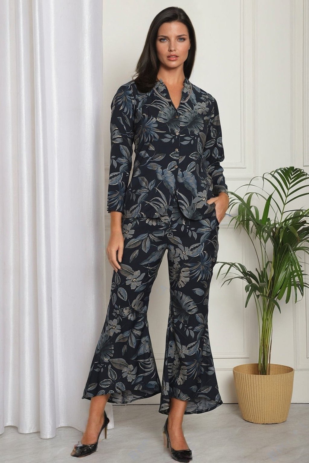 Navy Floral Printed Premium Chanderi Shirt With Palazzo Co-ord set