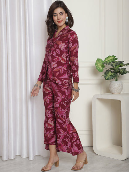 Purple Floral Printed Chanderi Silk Shirt With Palazzo Co-ord set