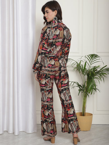 Black  Abstract  Printed Premium Chanderi Top with Palazzo & Jacket Co-ord Set