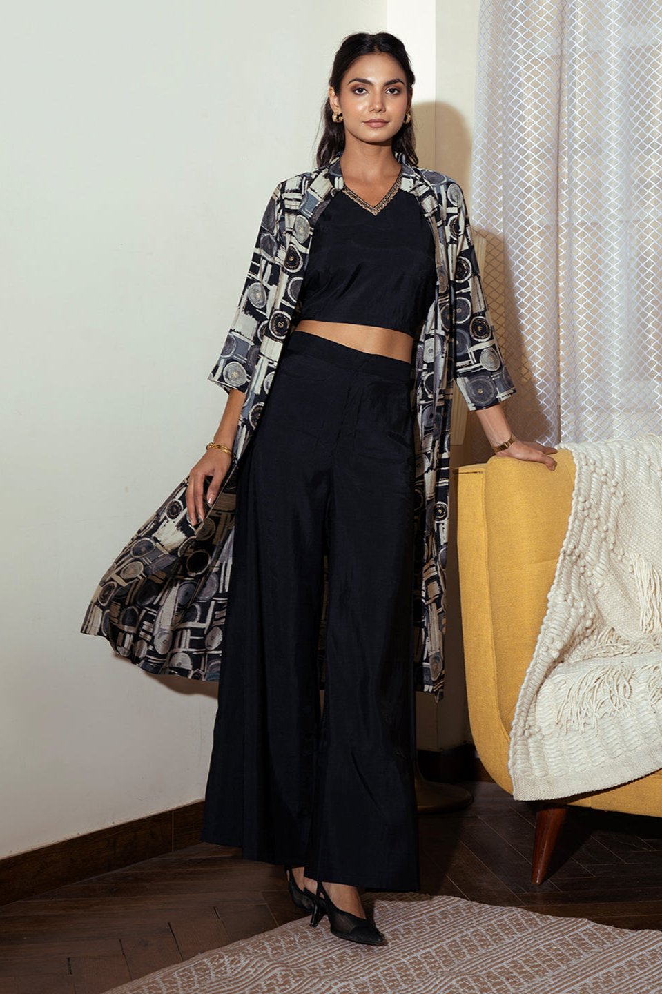 Black Color Abstract Printed Premium Chanderi Silk Co-ord Set