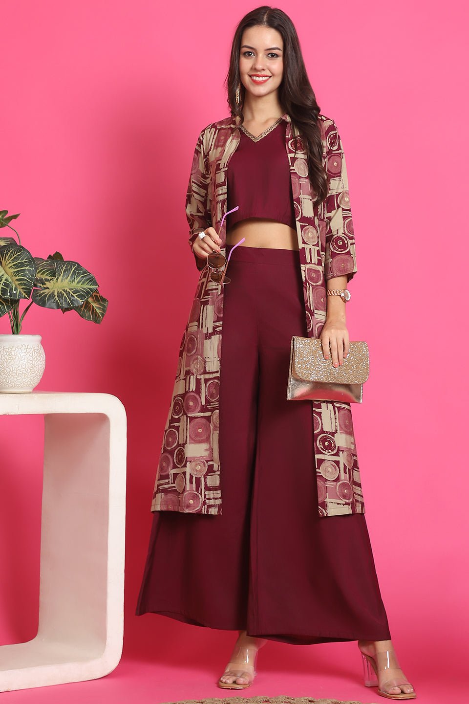 Maroon Color Abstract Printed Premuim Chanderi Co-ord Set