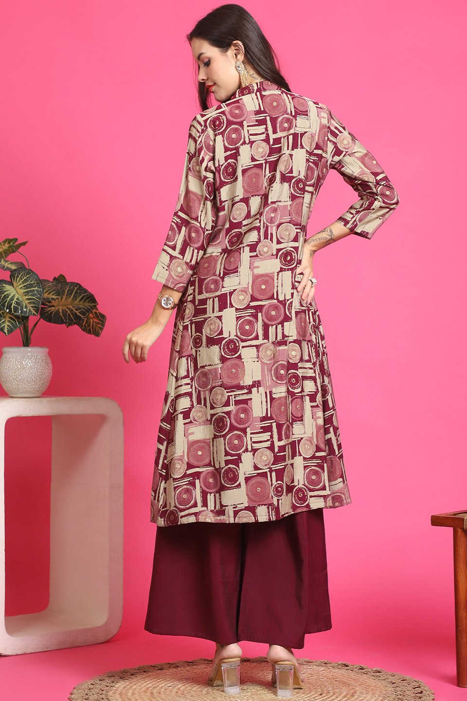 Maroon Color Abstract Printed Premuim Chanderi Co-ord Set