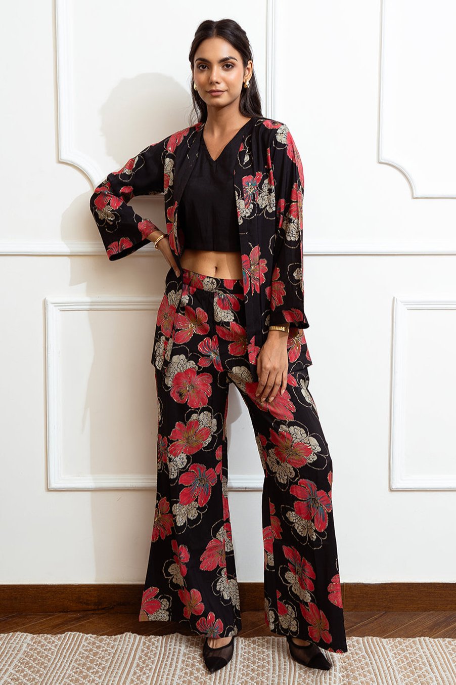 Black Color Floral Printed Premium Chnaderi Co-ord Set