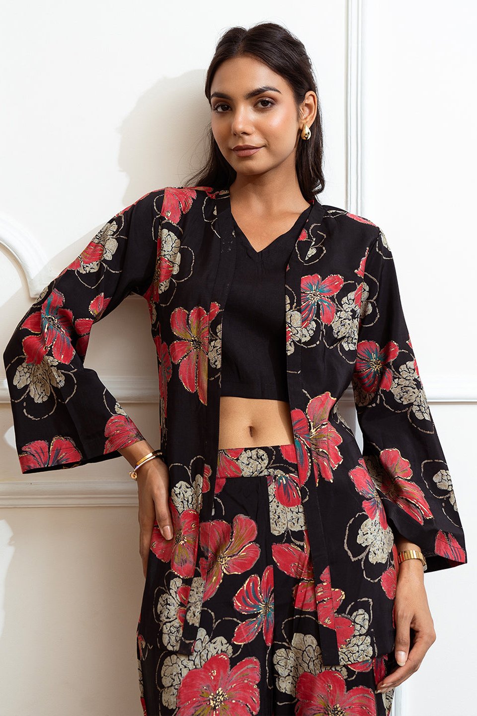 Black Color Floral Printed Premium Chnaderi Co-ord Set