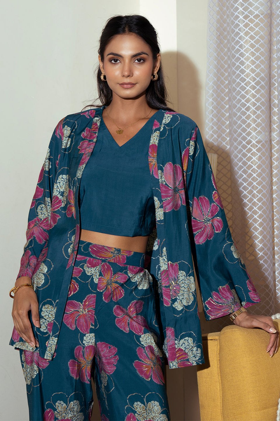 Blue Color Floral Printed Premium Chanderi Co-ord Set