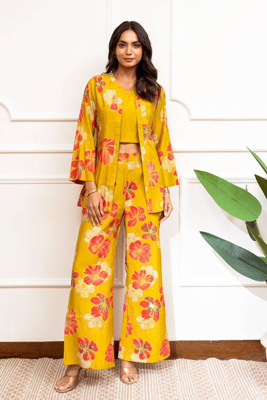 Mustard Color Floral Printed Premium Chanderi Co-ord Set