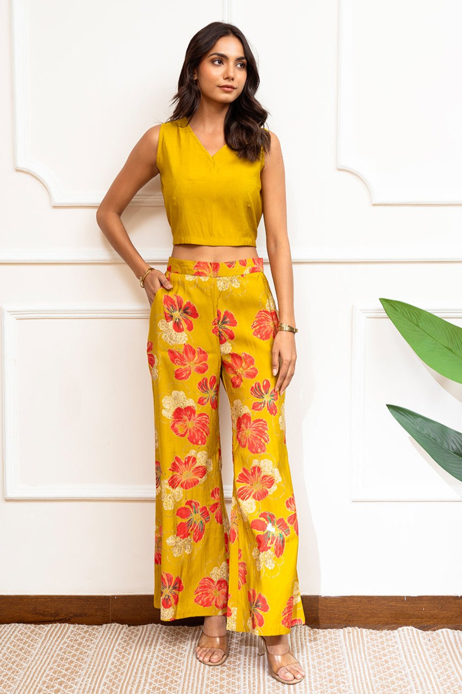 Mustard Color Floral Printed Premium Chanderi Co-ord Set