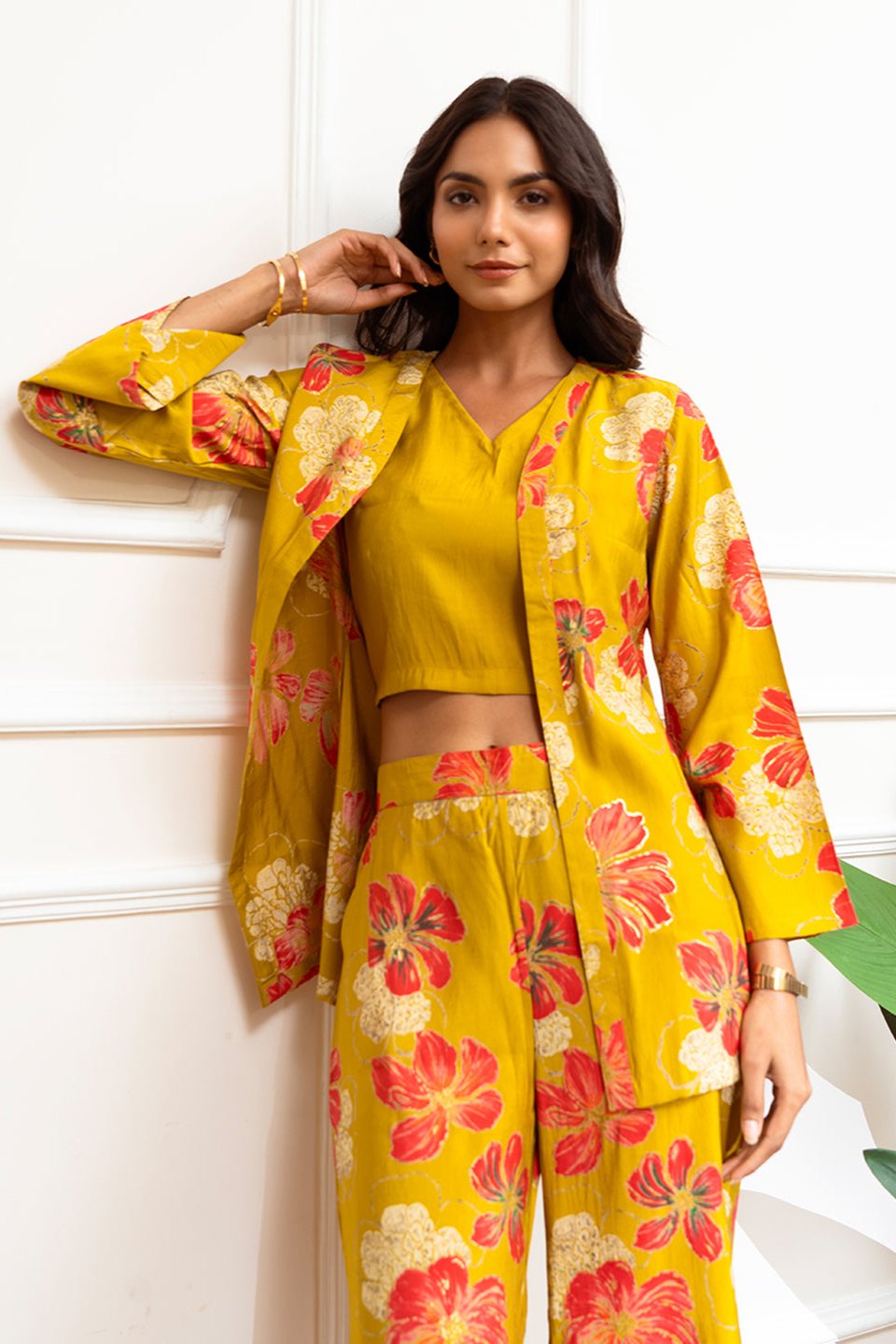 Mustard Color Floral Printed Premium Chanderi Co-ord Set