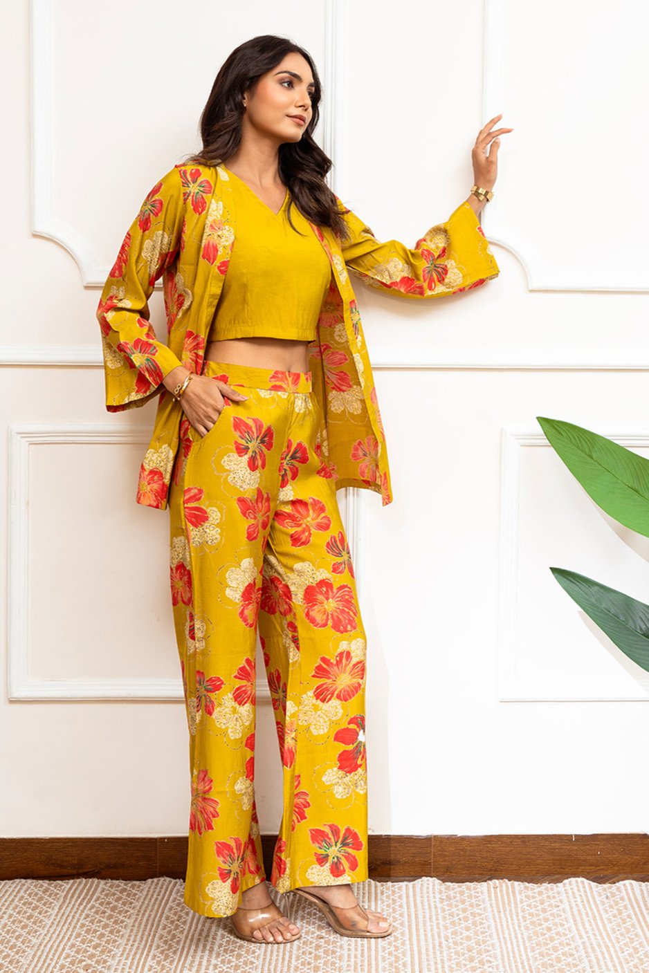 Mustard Color Floral Printed Premium Chanderi Co-ord Set