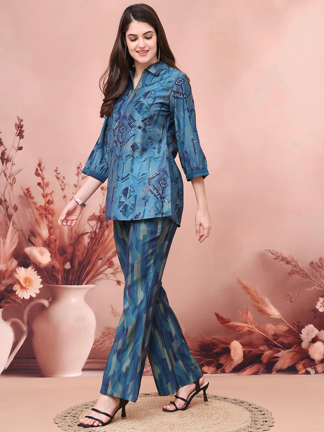 Blue Color Abstract Printed Chanderi Co-ord Set