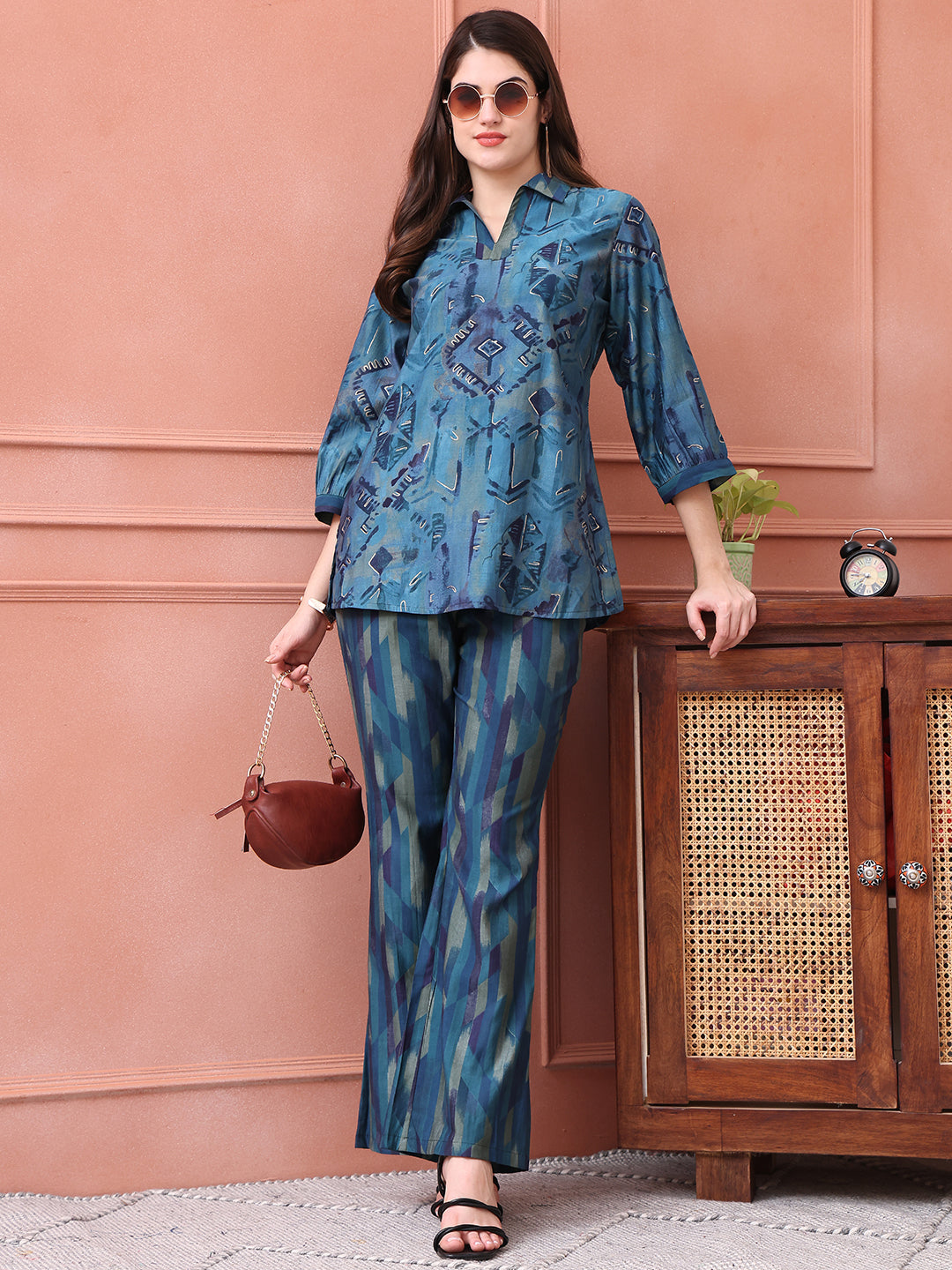 Blue Color Abstract Printed Chanderi Co-ord Set