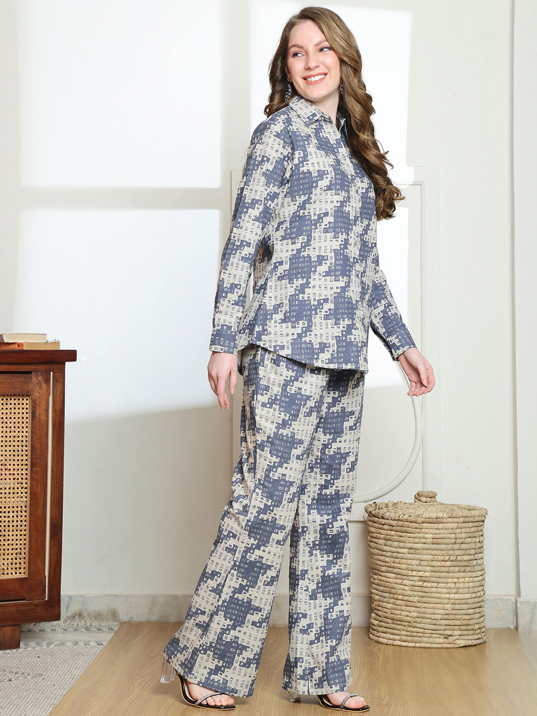 Blue Colour Abstract Printede Cotton Co-ord Set