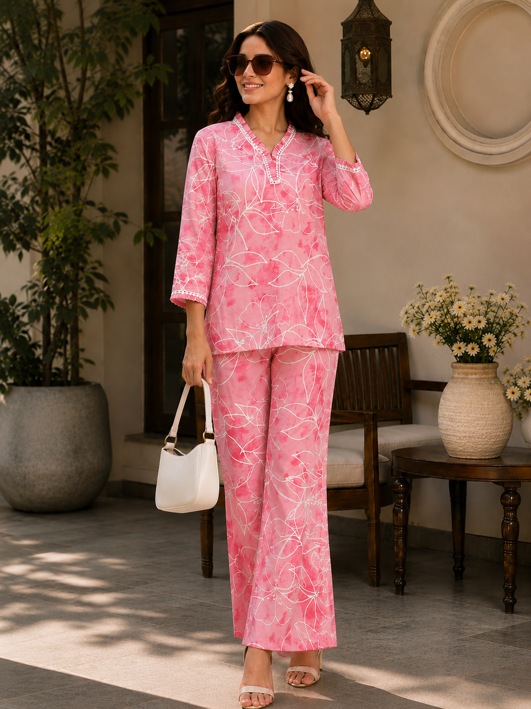 Pink Abstract Printed Cotton Casual Co-Ord Set for Women