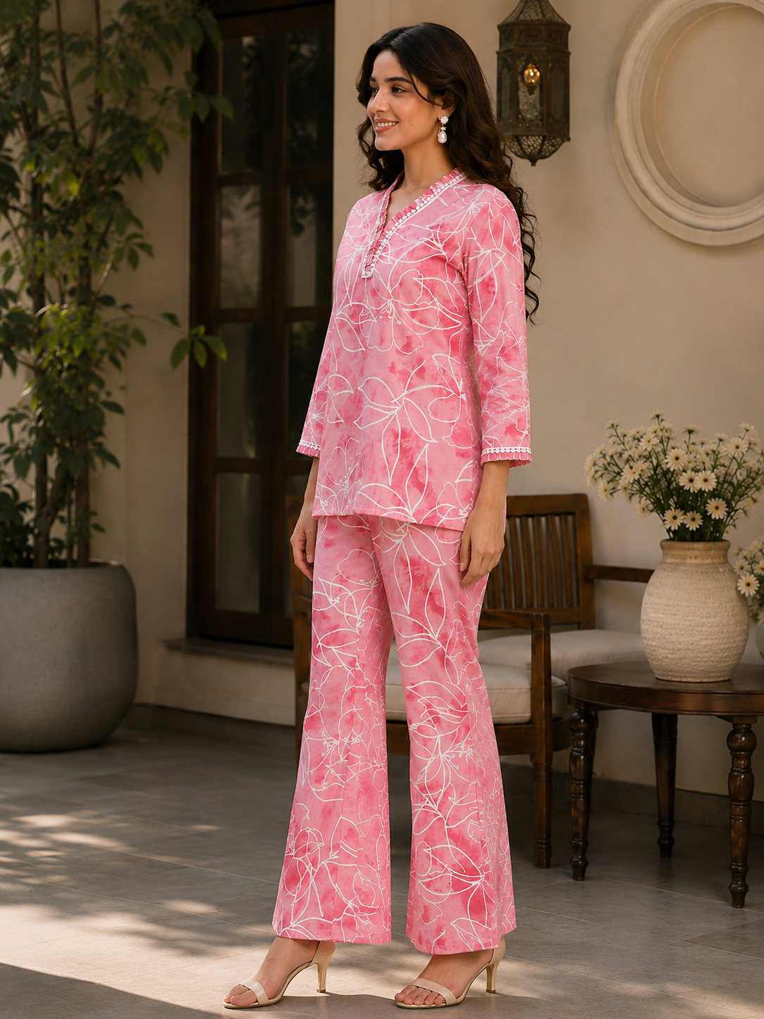 Pink Abstract Printed Cotton Casual Co-Ord Set for Women