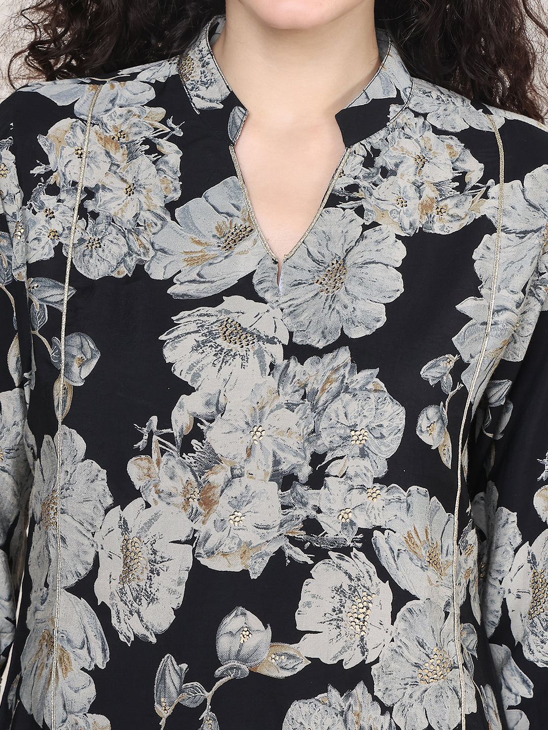 Black Colour Floral Printed Premium Chanderi Co-ord Set