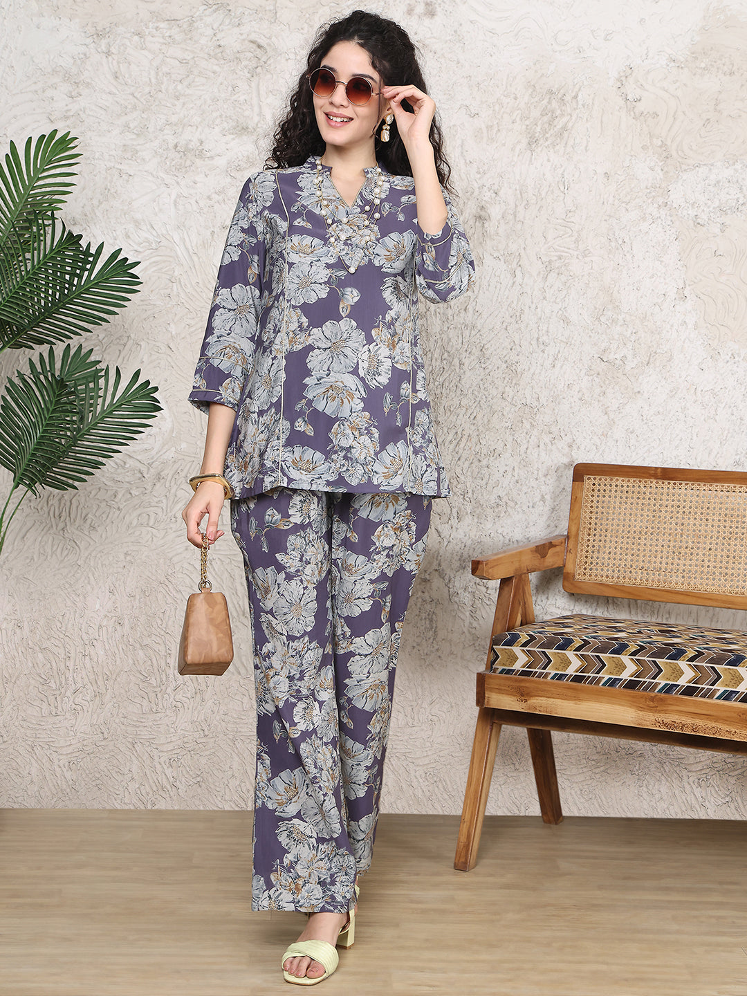 Purple Colour Floral Printed Premium Chanderi Co-ord Set