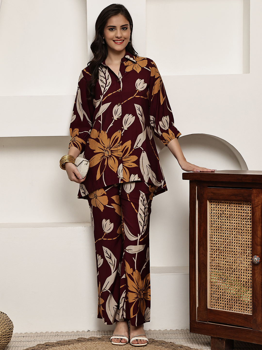 Maroon Colour Floral Printed Premium Chanderi Co-ord Set For Women