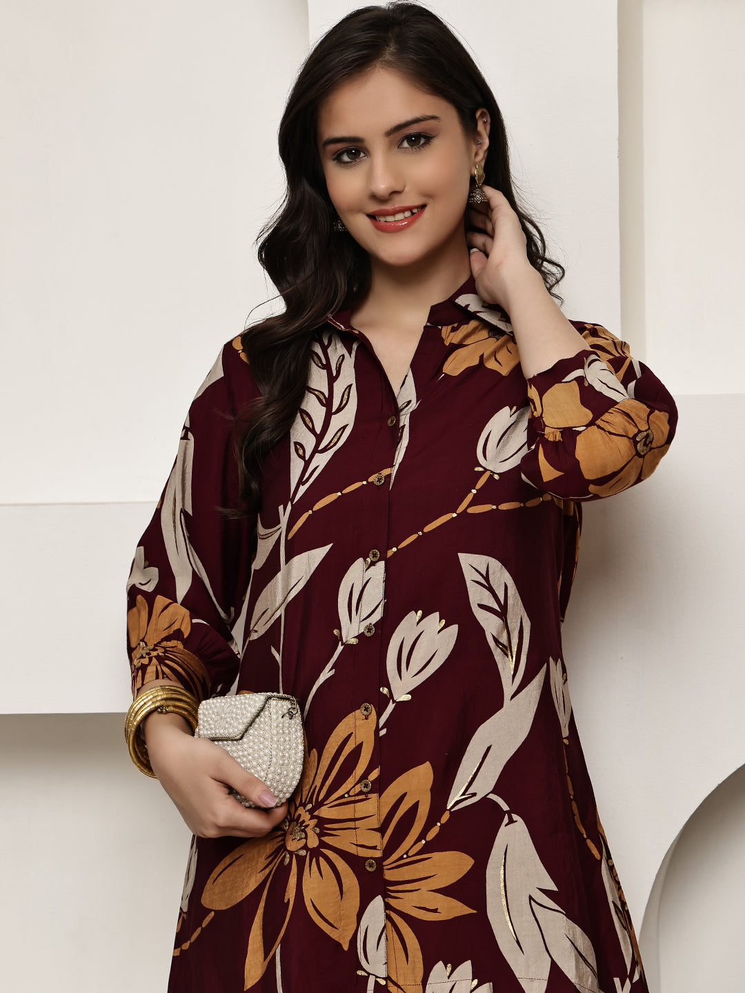 Maroon Colour Floral Printed Premium Chanderi Co-ord Set For Women