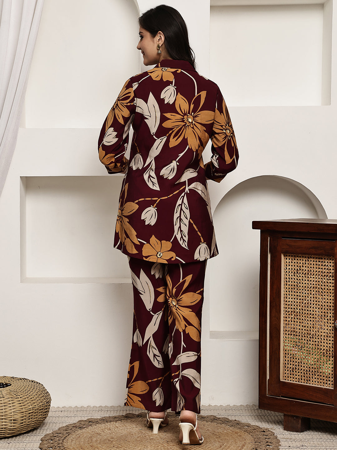 Maroon Colour Floral Printed Premium Chanderi Co-ord Set For Women