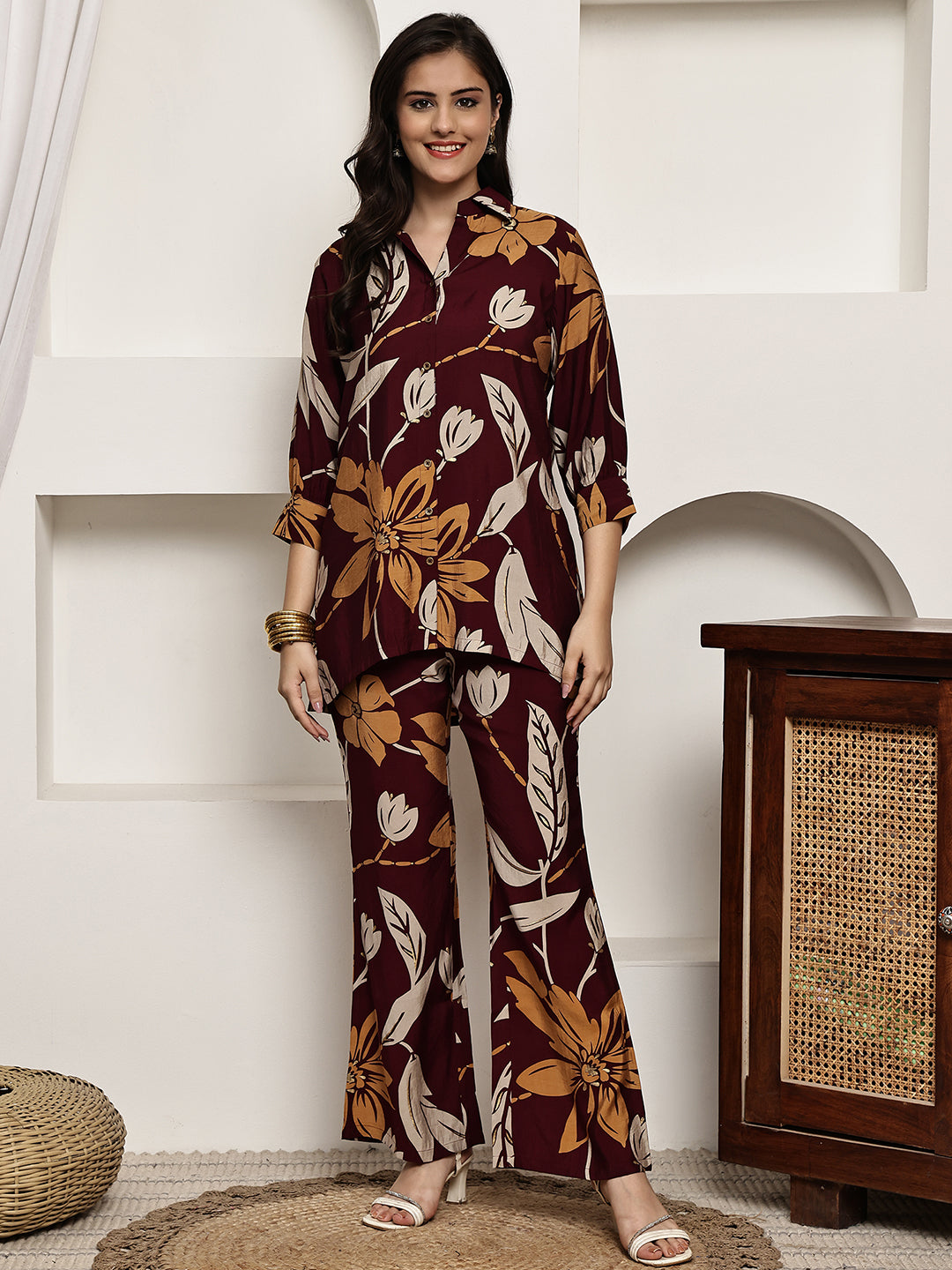 Maroon Colour Floral Printed Premium Chanderi Co-ord Set For Women