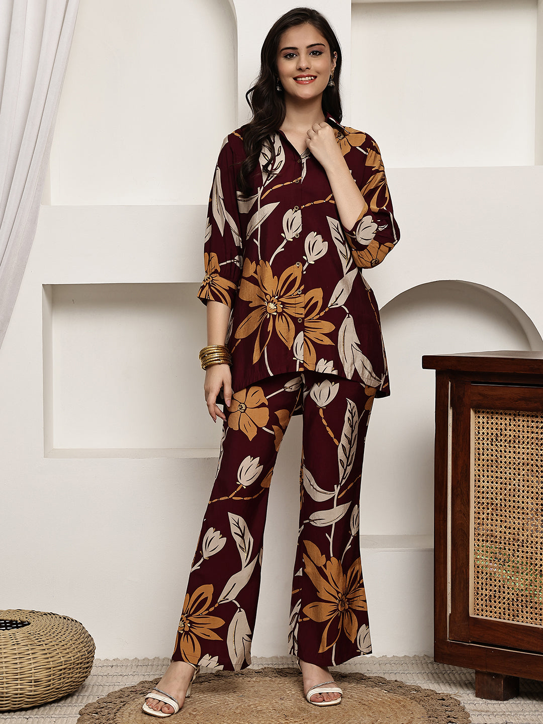 Maroon Colour Floral Printed Premium Chanderi Co-ord Set For Women