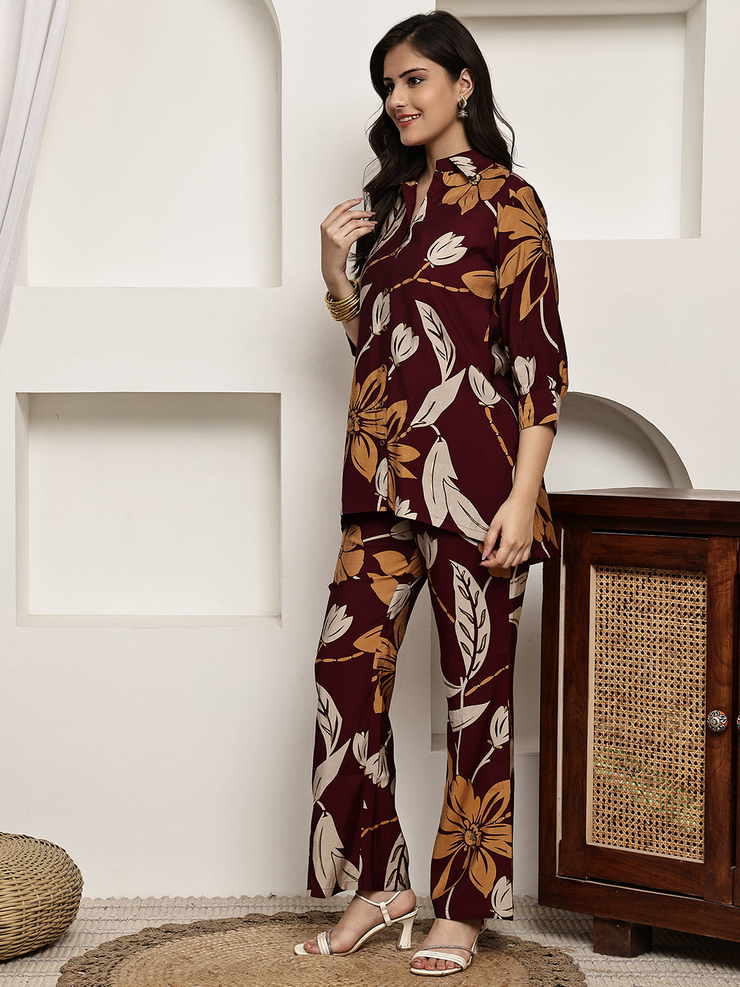 Maroon Colour Floral Printed Premium Chanderi Co-ord Set For Women