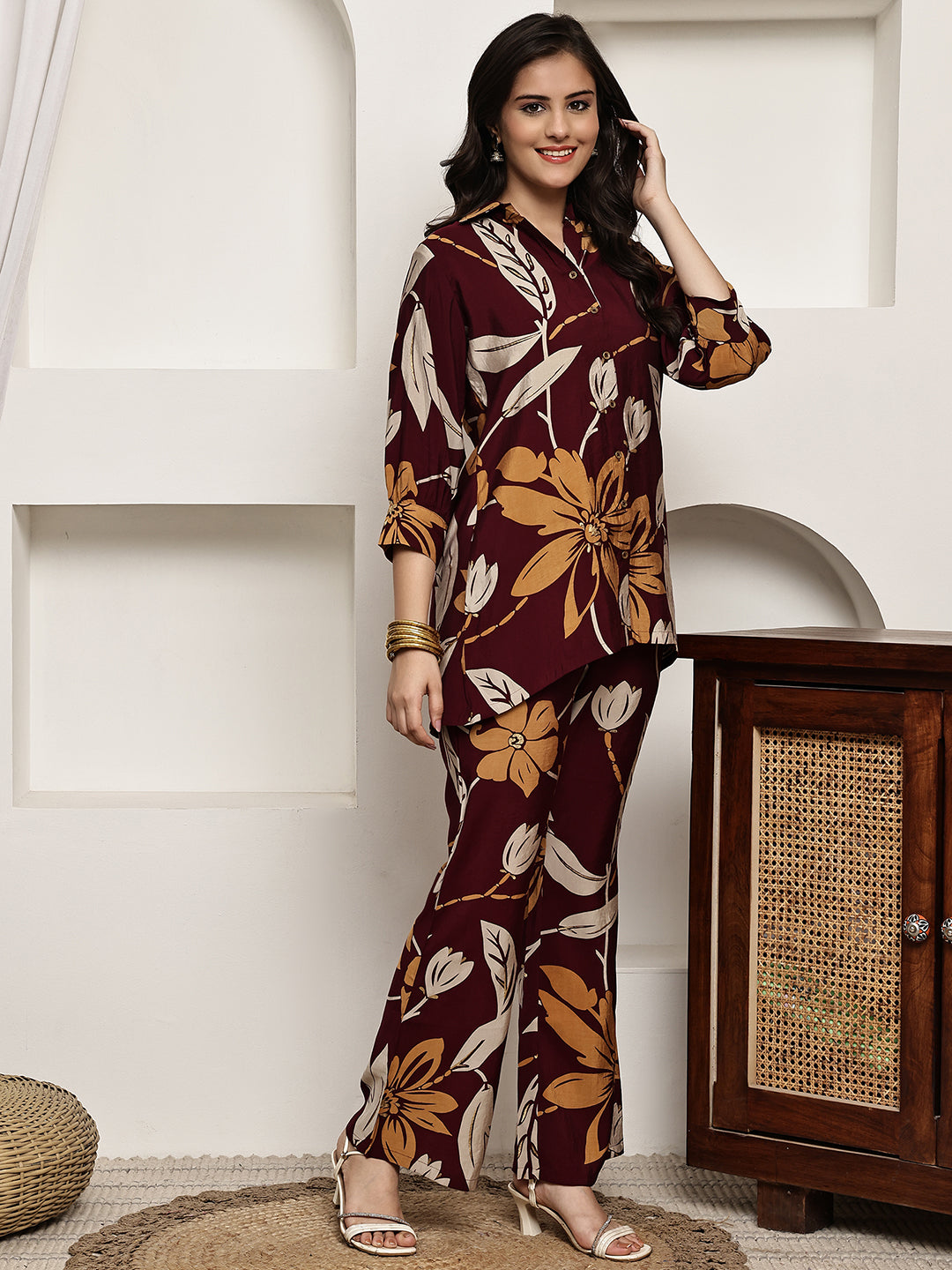 Maroon Colour Floral Printed Premium Chanderi Co-ord Set For Women