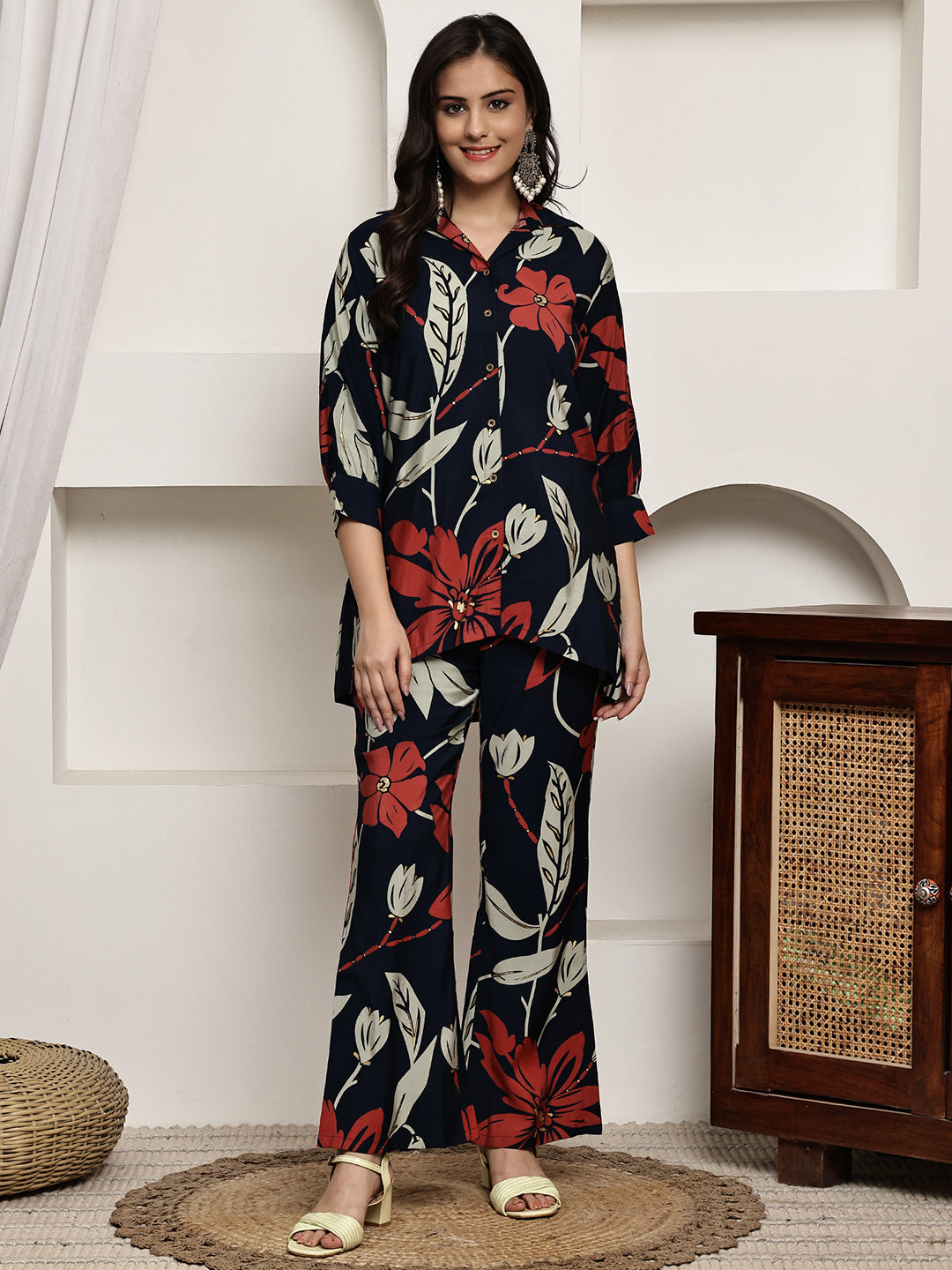 Navy Blue Colour Floral Printed Premium Chanderi Co-ord Set For Women