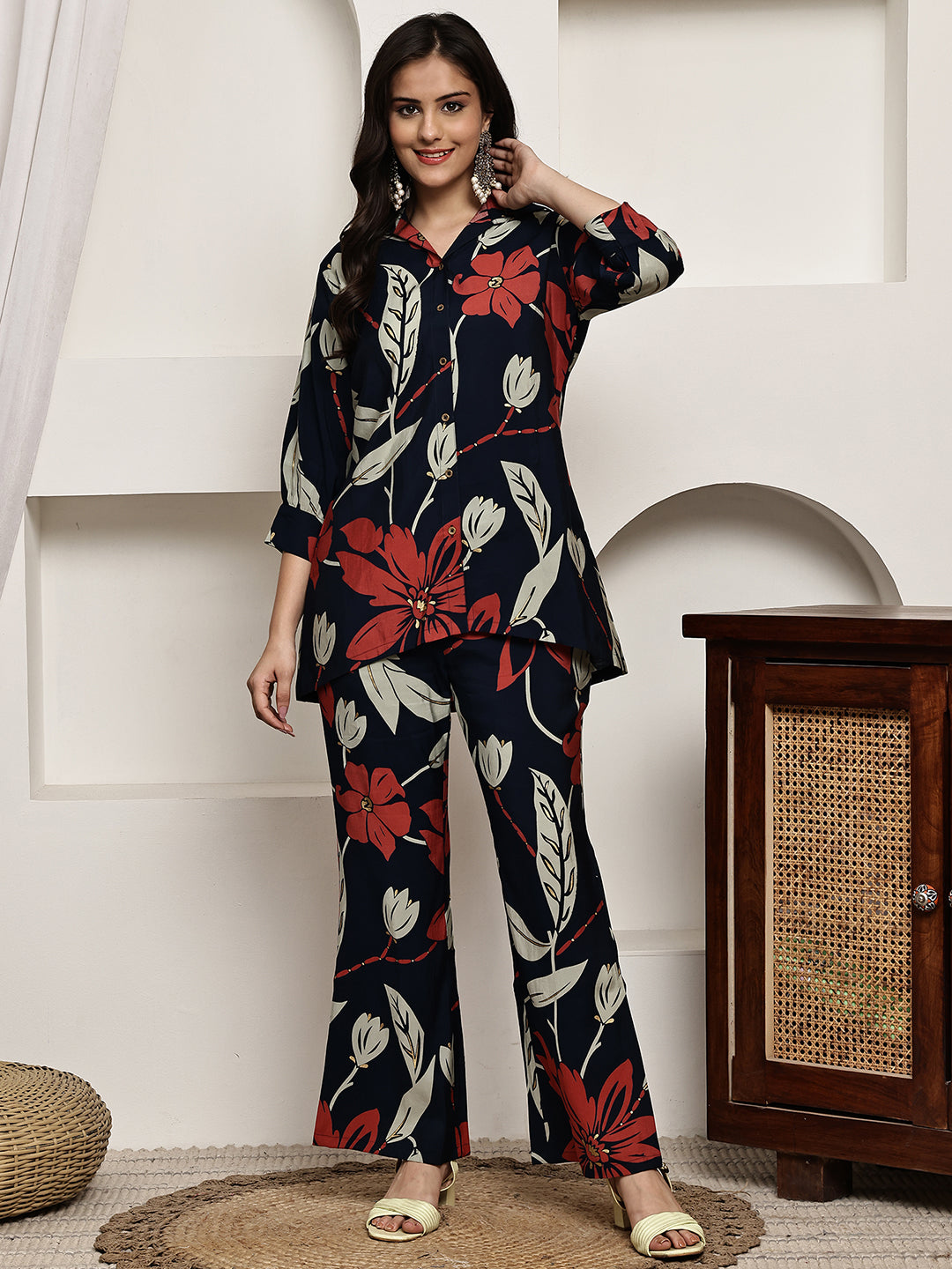 Navy Blue Colour Floral Printed Premium Chanderi Co-ord Set For Women