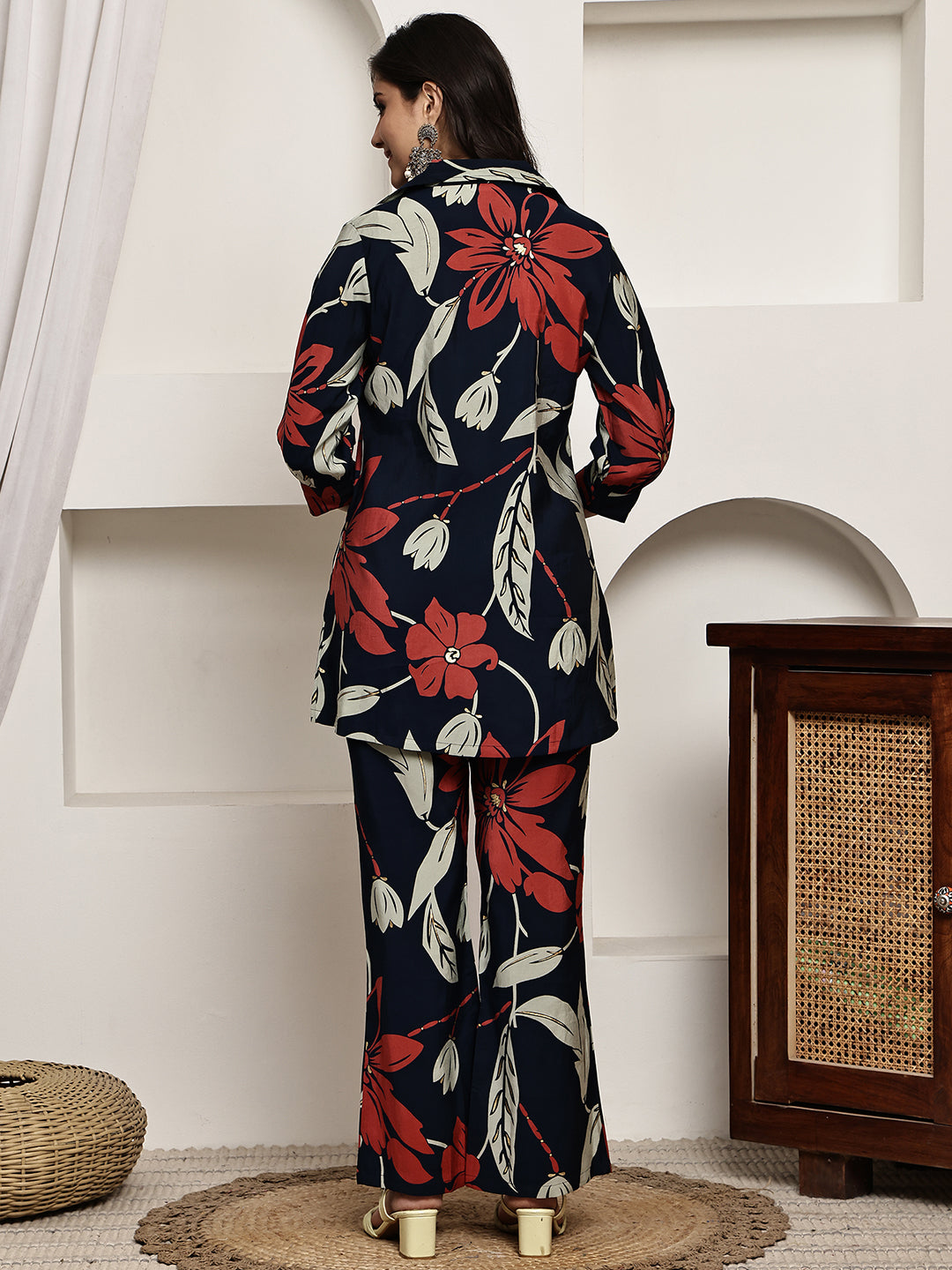 Navy Blue Colour Floral Printed Premium Chanderi Co-ord Set For Women