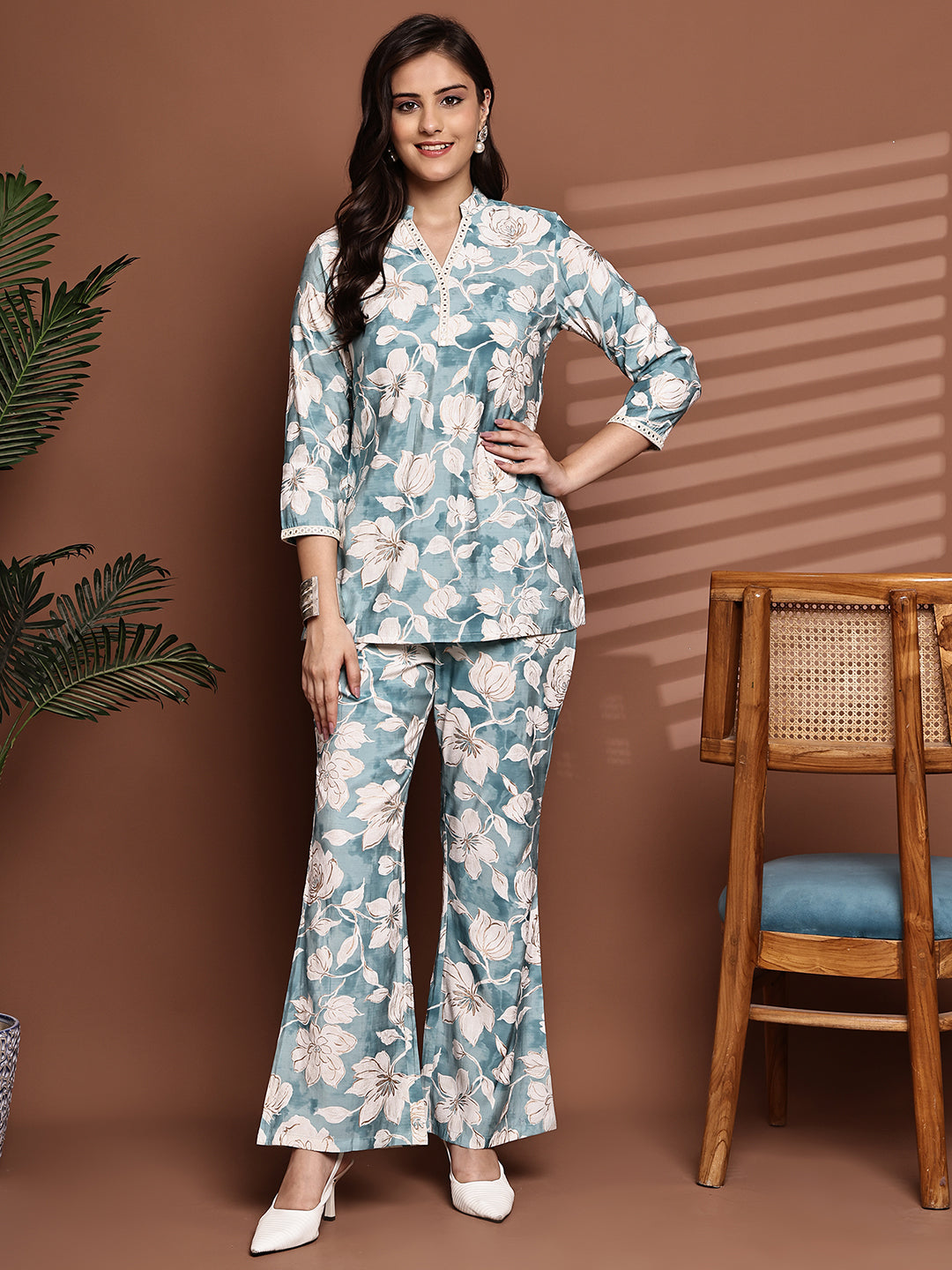 Blue Colour Floral Printed Premium Chanderi Co-Ord Set for Women