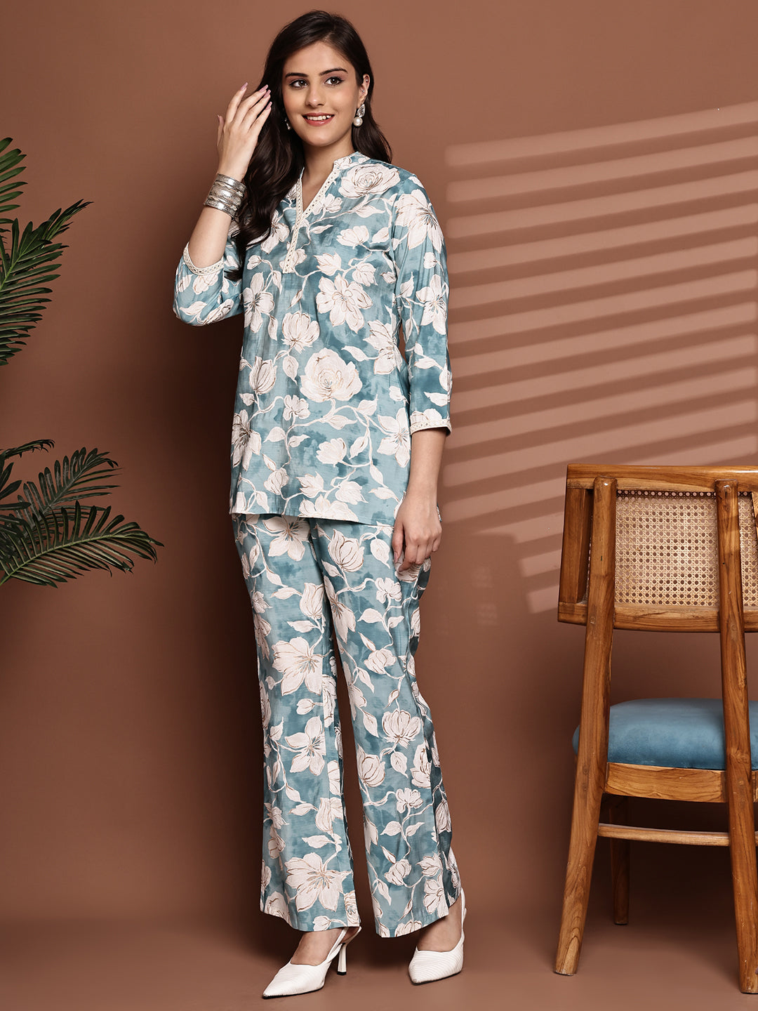 Blue Colour Floral Printed Premium Chanderi Co-Ord Set for Women